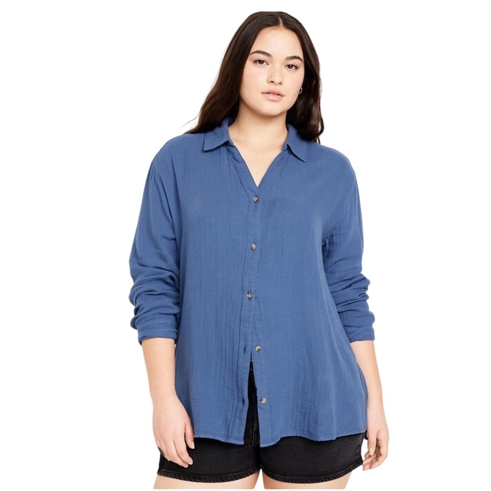 Old Navy Blue Crinkle Gauze Button-Down Boyfriend Shirt 2X Oversized Cotton
